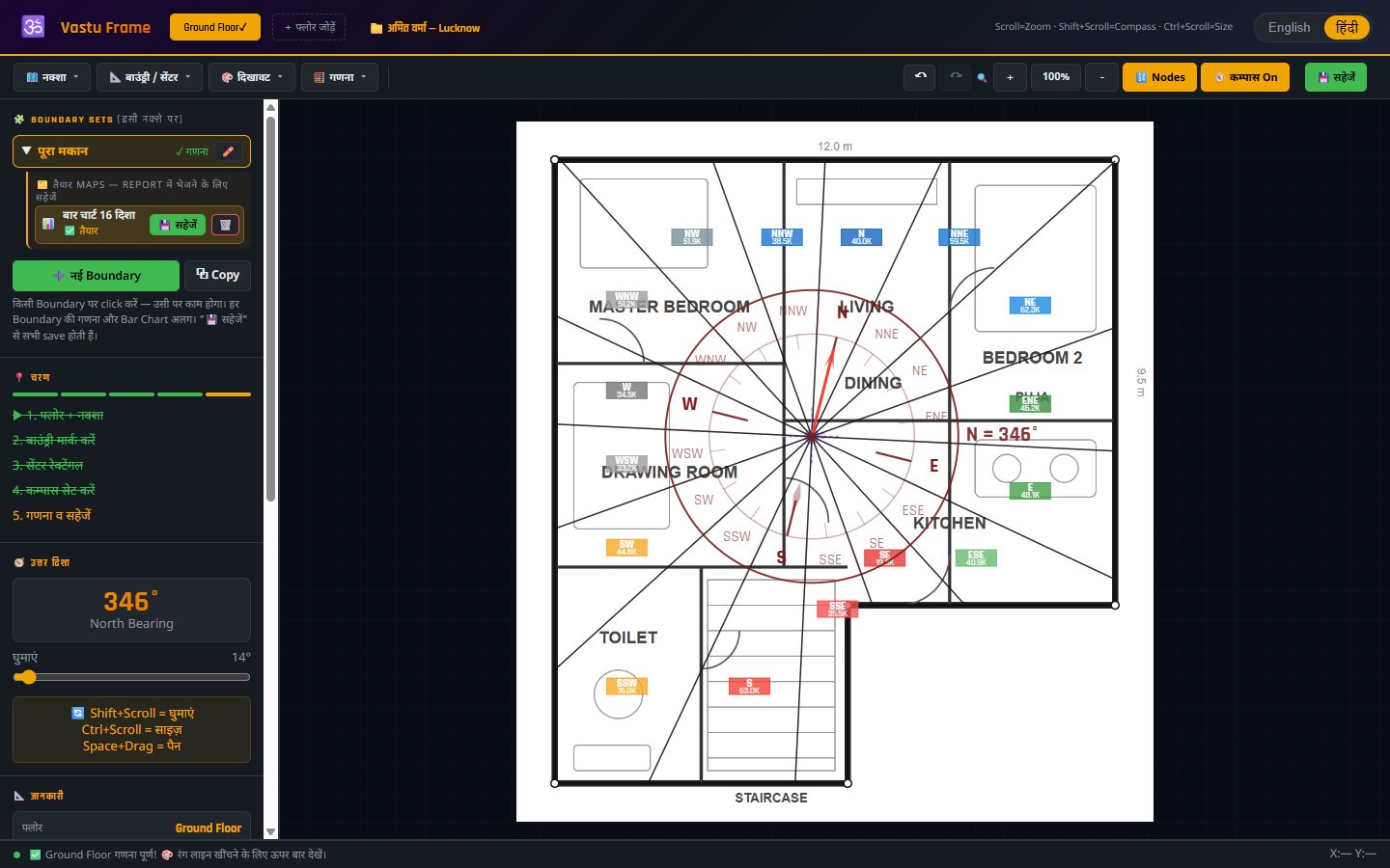 Vastu Analyser V3 — 16 direction bar chart on a house map